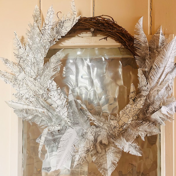 Paper feather wreath,natural grapevine wreath decorated with map papers feathers