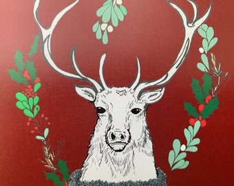 Mistletoe cards,Christmas stag cards,stag illustration cards art,British wildlife British stag head