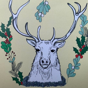 Weihnachts-Mistelzweigkarten,Weihnachtsdekor,Weihnachtskarte,Wintergirlande.Hirsch Illustration,Winterkranz Design