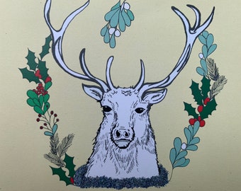 Christmas Mistletoe cards,Christmas Stag,Christmas card,winter garland.stag illustration,winter wreath design