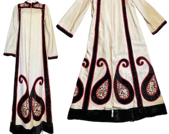 70s Boho Kaftan Maxi Dress Velvet Paisley Applique, 1970s Designer Tunic Dress Hidden Pockets by MALCOLM STARR