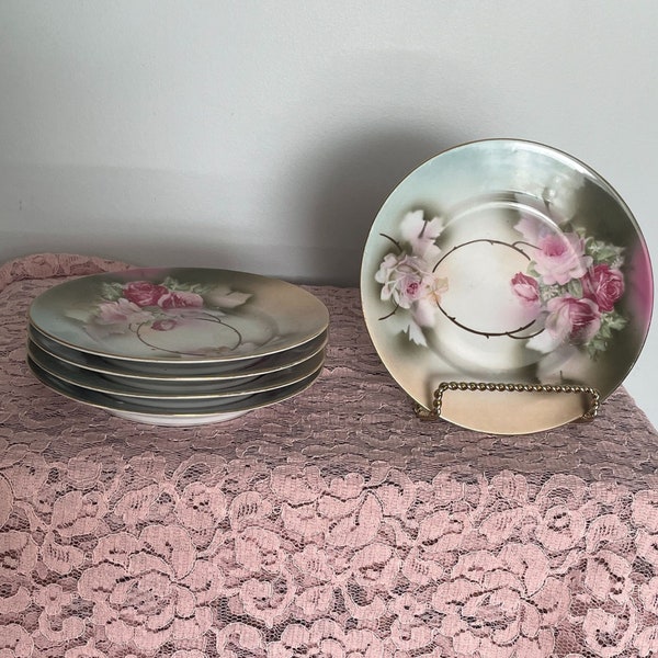 1920’s Rose Plate Hand Painted Decorative Porcelain Plates, German Pink Rose Flower Gold Rim, 5 Plate Available Sold Separately 6.5”