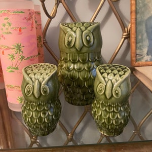 Green Ceramic Owl Figurine, Vintage MCM Collectible Bordallo Pinheiro Olive Green Owl, Retro Home Decor, Tropical Mid-Century Accent