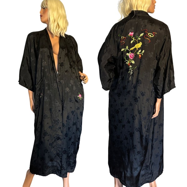 60's/70's Bird and Floral Embroidered Black Robe, Floral Bright colors Yellow Bird, Dressy Coat, Boho Dress, Asian Vintage Clothing Large