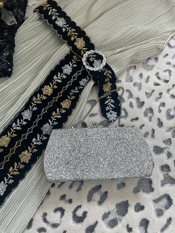 60s Silver Glitter Evening Clutch Bag, Sparkly Cockta… Gem