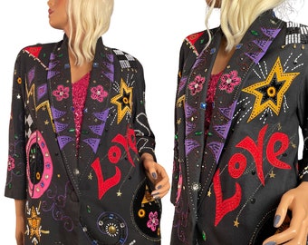 Novelty Glam Sequined Beaded Blazer Coat Retro Novelty Sequin Embellished Jacket RARE Funky Pop Art Blazer Graffiti LOVE Oversized