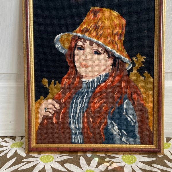 70’s Framed Boho Women Needlepoint Cross Stitch Embroidery – Vintage Gold & Wood Framed Needlepoint Hippie Home Décor - 16 x 19.5 -