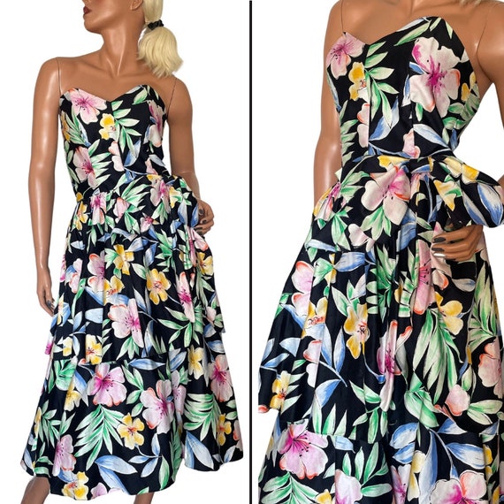 Fabulous Vintage 1980's Black Tropical Floral Pri… - image 1