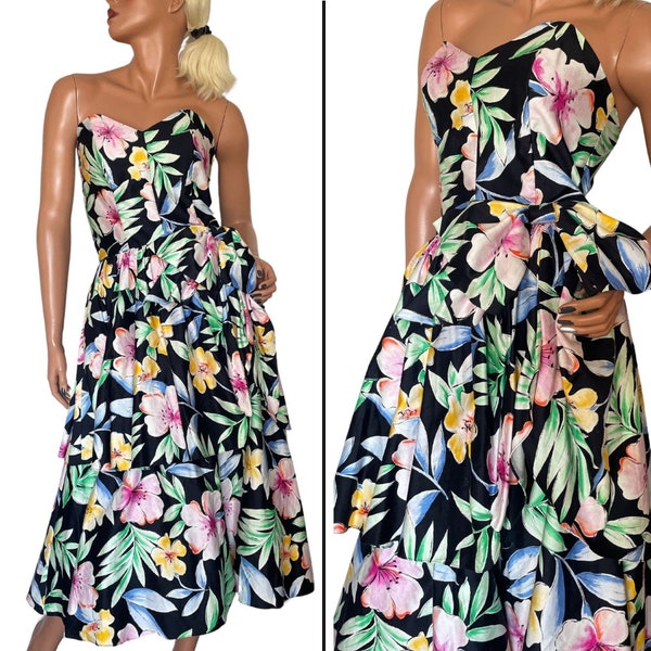 Fabulous Vintage 1980's Black Tropical Floral Print Strapless Tiered Summer Party Prom Midi Dress, Rockabilly by Ricki Lang,38" Bust