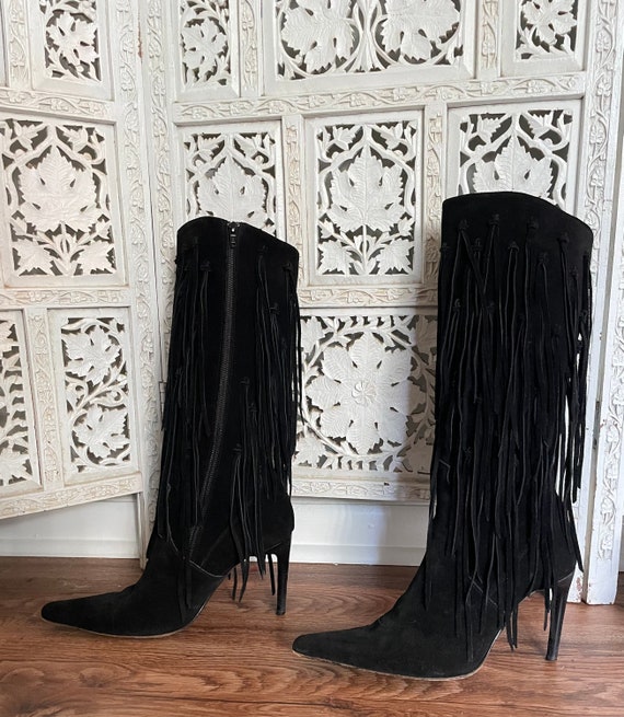 Vintage 90s Black Suede Fringe Heeled 
