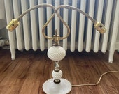 Vntg 1960 s MCM Hobnail Milk Glass 2-light Lamp, Brass White Glass Arc Lamp, Articulating Reading Double Lamp, Brass and Glass Accent Lamp