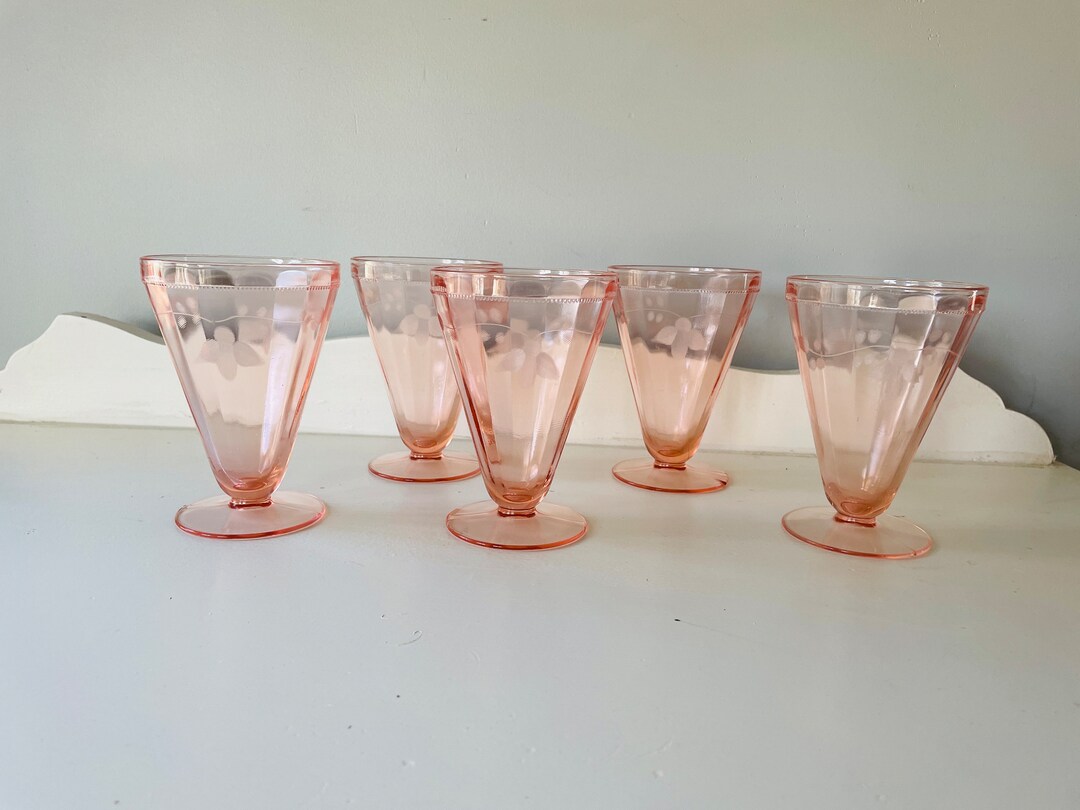 Pink Depression Glass Tumblers Floral Etched Optic Footed Parfait Glasses, 30's Vintage Blush