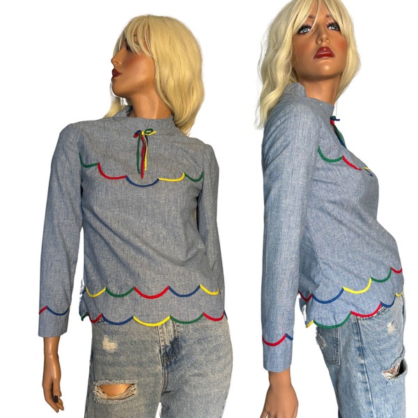 60s Chambray Kitchy MOD Blouse, Rainbow Scalloped Edging Trim Vintage 1960s 70s Mod Couture Designer One of Kind Top Mary Quant Style Small