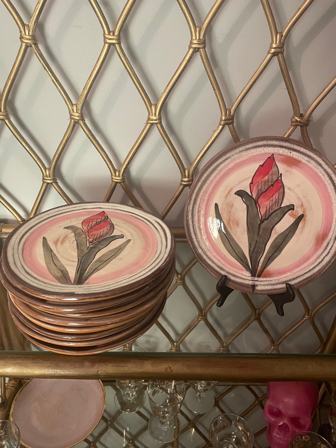 Boho Hand Painted Flower Pottery Dish Vintage Pink Tulip Floral Salad