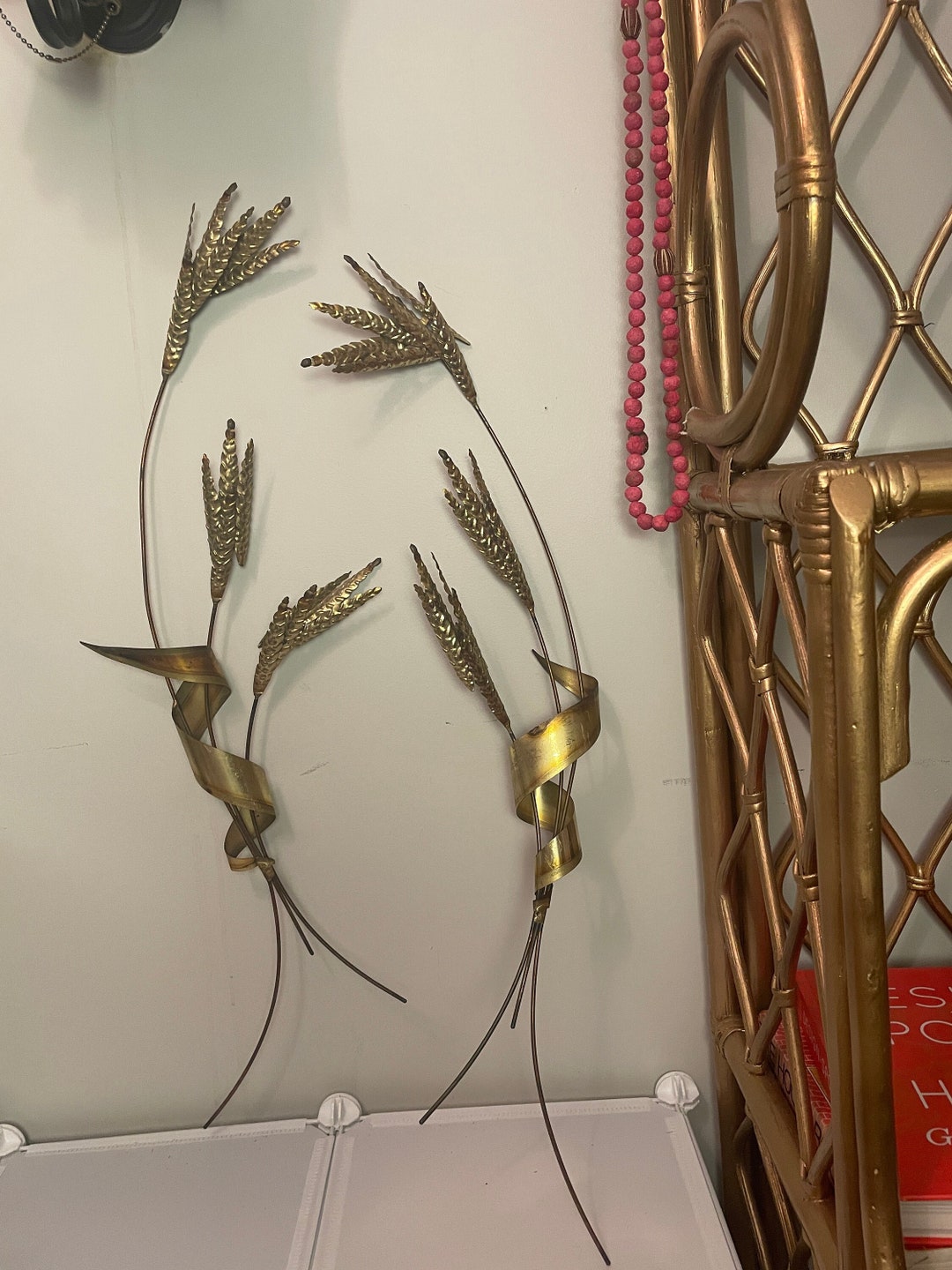 MCM Brass Wall Hanging Boho Sculptures, Wheat Stalks Brass Metal Art