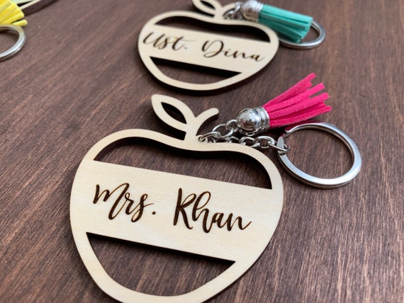 Wood Apple Shaped Keychain Engraved With Teachers Includes