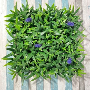 May include: Square artificial green foliage panel with vibrant green leaves and small purple flowers. The panel is designed to mimic a natural plant wall, perfect for adding a touch of greenery to any space. The panel is shown on a background with blue and white stripes.