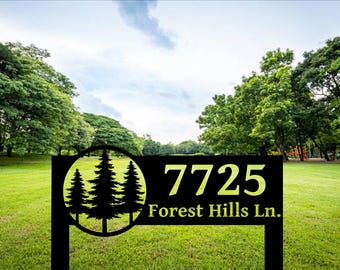 Personalized Metal Address Sign with Pine Trees: Lawn Mounted House Number