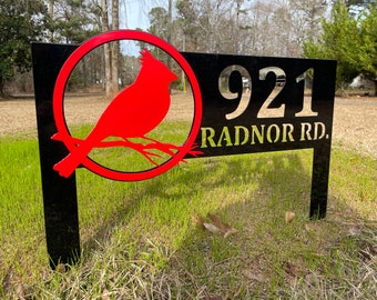Cardinal Address Sign: Custom Metal House Number Yard Stake