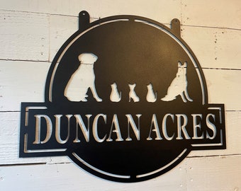 Custom Cat & Dog Breed Personalized Steel Metal Art, Family Name or Property Name Sign