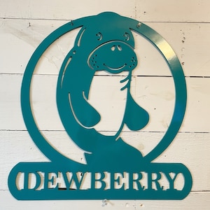 Custom Manatee Metal Sign; Personalized Manatee; Vet Gifts; Manatee Decor; Home Decor; Door Hangers; Cute Manatee Monogram; Metal Decor