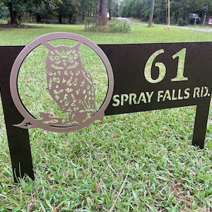 Beautiful Owl Custom Metal Address Yard Stake; Law Mounted Address Sign; Personalized Address Sign for Bird Lovers; House Numbers