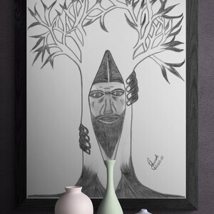 May include: A black and white pencil drawing of a man's face peeking out from behind a tree trunk. The tree has branches that reach up and out. The drawing is framed in a black frame and is sitting on a table with three vases.