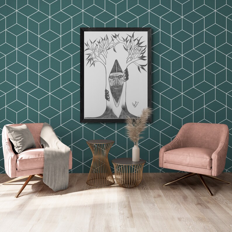 May include: A black framed drawing of a person's face with two trees growing out of their head. The drawing is hanging on a teal green wall with a white geometric pattern. Two pink armchairs and two gold metal side tables are in front of the drawing.