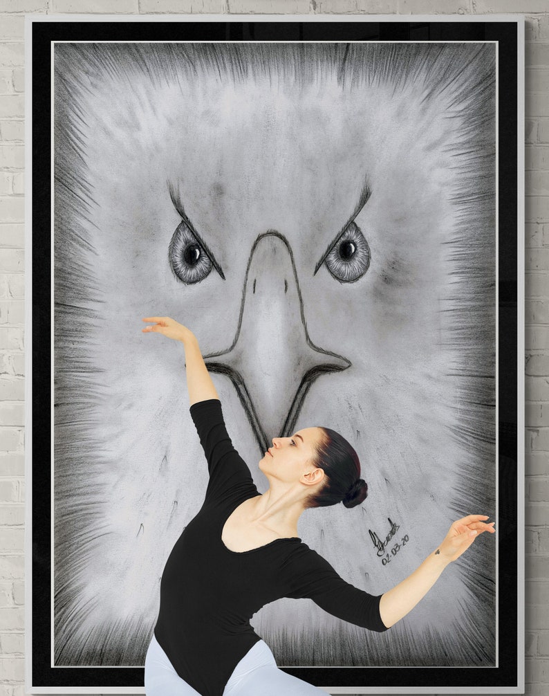 K&ouml;nnte beinhalten: Eine Schwarzwei&szlig;zeichnung einer Ballerina vor einem gro&szlig;en Adlerkopf. Die Ballerina tr&auml;gt einen schwarzen Trikot und wei&szlig;e Strumpfhosen. Der Adlerkopf ist realistisch gezeichnet mit scharfen Augen und einem kr&auml;ftigen Schnabel. Die Zeichnung ist signiert mit "Shana" und datiert mit "01.03.20".