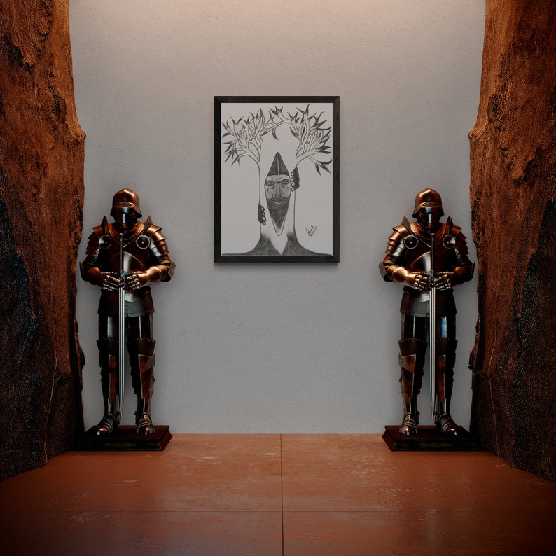 May include: Two bronze knight statues stand guard on either side of a framed black and white drawing of a tree with a face inside. The drawing is on a white wall.