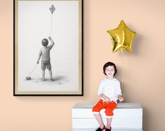 Simple wall art, downloadable wall art, boy with kite, kite flying, boys bedroom art, nursery art, minimalist art, printable art, instant