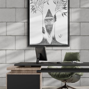 May include: A black and white pencil drawing of a man's face inside a tree. The drawing is framed and hanging on a white brick wall above a desk with a computer monitor, a green chair, and a wooden desk.