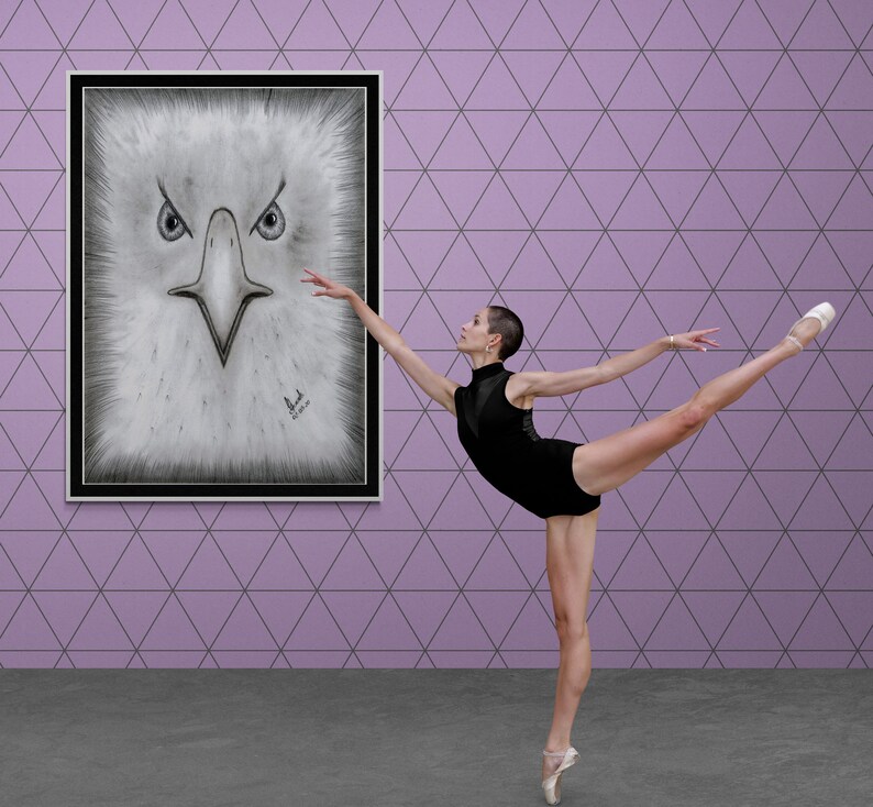 K&ouml;nnte beinhalten: Eine Ballerina in einem schwarzen Trikot und Spitzenschuhen vollf&uuml;hrt eine anmutige Pose vor einem gerahmten Bild eines Adlerkopfes. Der Hintergrund ist eine violette Wand mit einem geometrischen Muster.