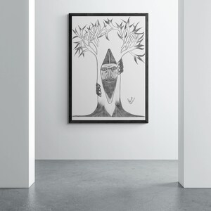 May include: A black and white pencil drawing of a man's face inside a tree. The tree has branches that form a heart shape above the man's head. The drawing is framed in a black frame.