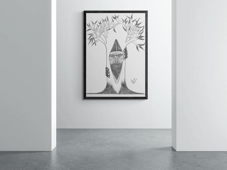 May include: A black and white pencil drawing of a man's face inside a tree. The tree has branches that form a heart shape above the man's head. The drawing is framed in a black frame.