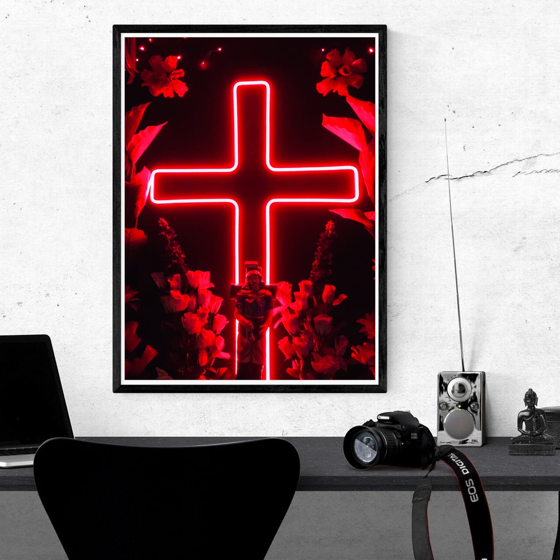 Red Neon Cross Modern Print Wall decor Home Wall Art Etsy