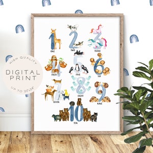 Blue Numbers Poster, Numbers Print, Animal Blue Nursery Print, Educational Poster, Printable Wall Art DIGITAL DOWNLOAD