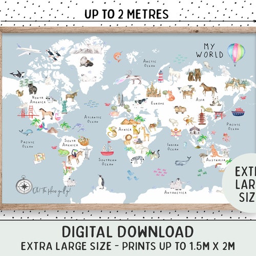 Animal World Map Blue World Map Nursery Wall Art Kids World Etsy Canada