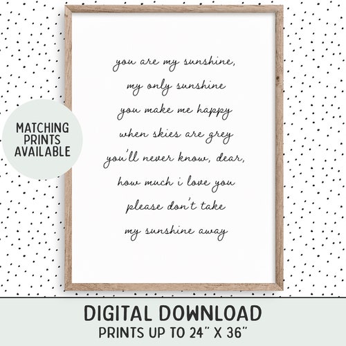 You Are My Sunshine Wall Art Quote Print Song Lyrics Wall Etsy