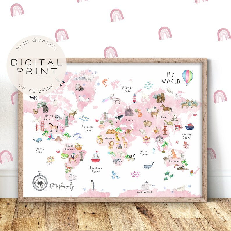 Pink World Map Nursery Wall Art Kids World Map Poster Large Etsy UK