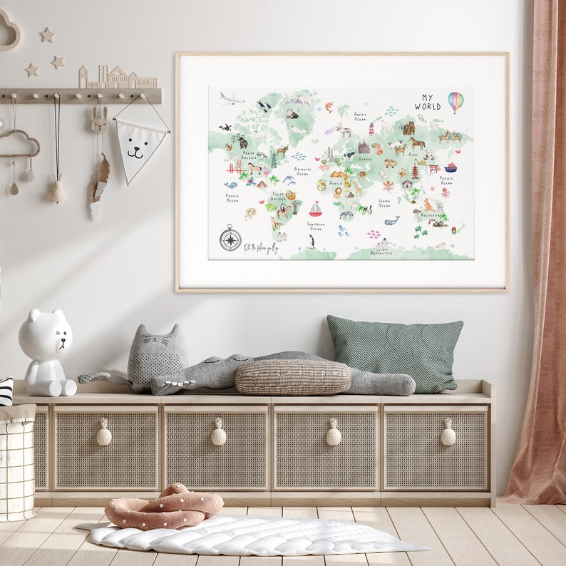 Green World Map Nursery Wall Art Kids World Map Poster Large Etsy