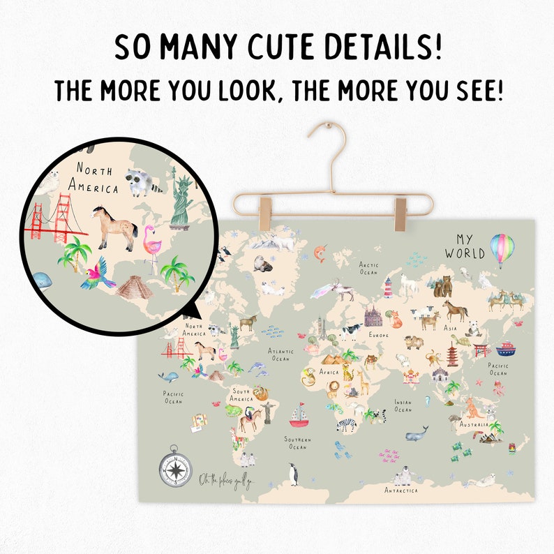 Animal World Map Nursery Print Safari Nursery Decor Etsy