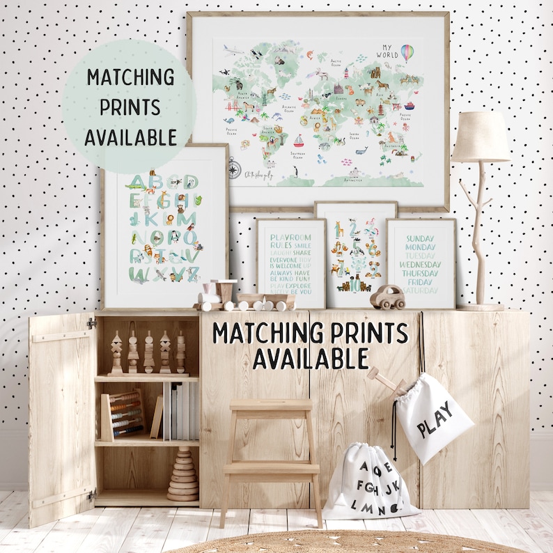 Green World Map Nursery Wall Art Kids World Map Poster Large Etsy