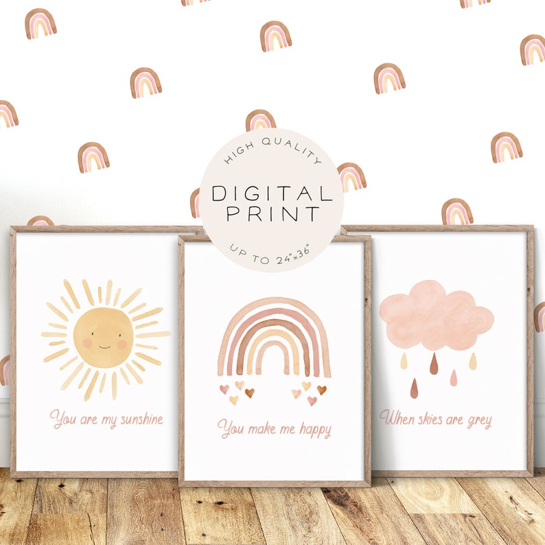 Nursery Prints DIGITAL DOWNLOAD FD09 Boho Nursery Printable Wall Art Set of 3 Prints You Are My Sunshine Rainbow Wall Art