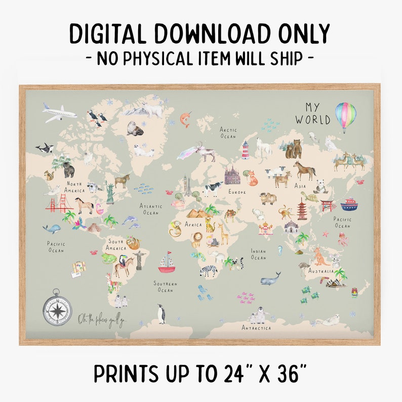 Animal World Map Nursery Print Safari Nursery Decor Etsy