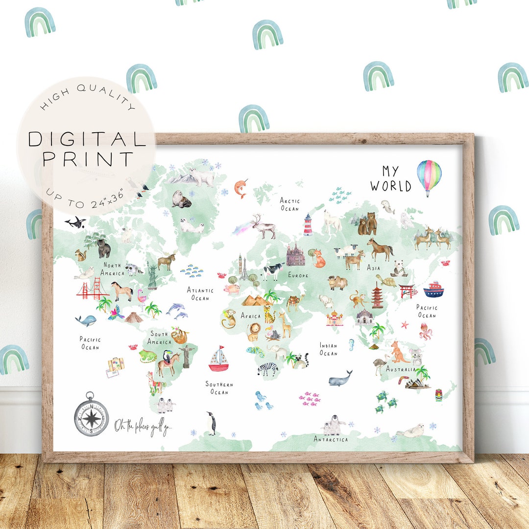Animal World Map Print World Map Wall Art Educational - Etsy UK