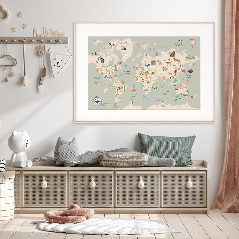 Animal World Map Nursery Print Safari Nursery Decor Etsy