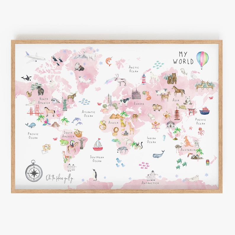 Pink World Map Nursery Wall Art Kids World Map Poster Large Etsy UK