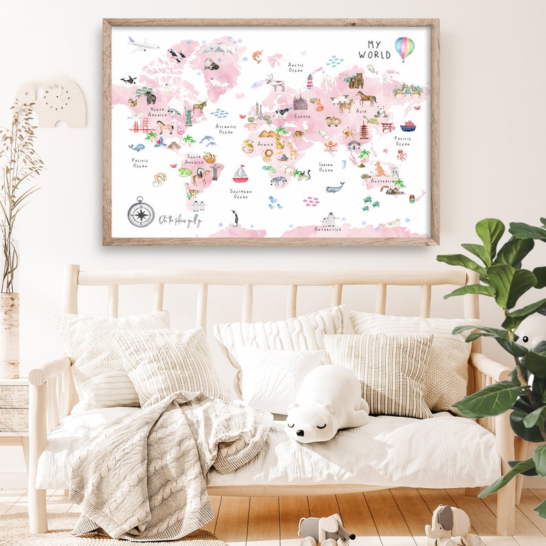 Pink World Map Nursery Wall Art Kids World Map Poster Large Etsy UK