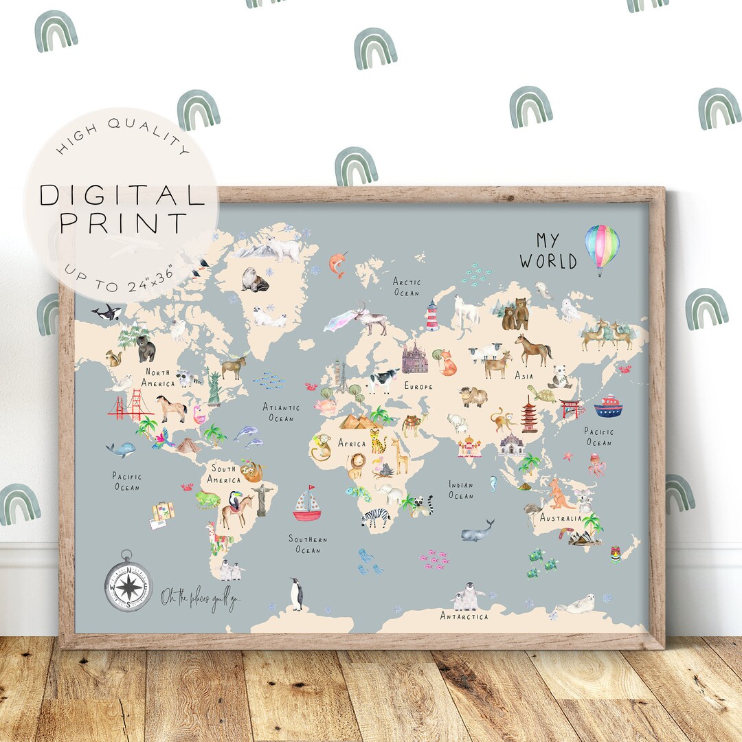 Animal World Map Print World Map Wall Art Educational - Etsy UK